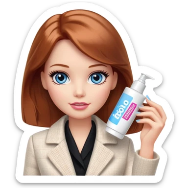 A Barbie girl with blue eyes, shoulder-length reddish-brown hair, made-up, in a white tweed jacket and black skirt, holding a tube of pale beige face cream sticker