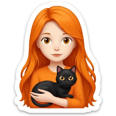 A long-haired girl holding a black cat and an orange cat sticker