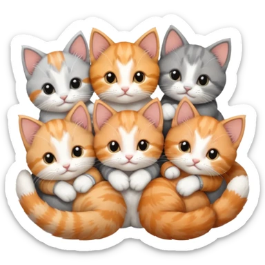 6 tiny kittens cuddling together all various different natural colours including solid grey with white mittens, grey and white, ginger and white, calico, and brown and white sticker