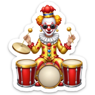 Clown with big golden chain on the neck wearing sunglasses plays drum kit full height sticker