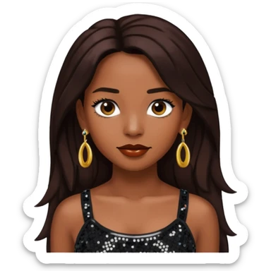 Chilli from TLC with long dark brown hair, black sequin crop top, black earring sticker