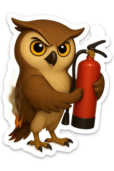 Точно такая же картинка и поза, только в другом крыле сова держит огнетушитель, хвост совы слегка подгорел и от него идет дымок, прозрачный sticker