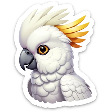 Cinematic Cute Cockatoo Portrait Emoji, Head tilted playfully and inquisitively, featuring a charming, fluffy form with a vividly colored crest, round, sparkling eyes full of playful wonder, and a soft, curved beak, Simplified yet irresistibly adorable features, highly detailed, glowing with a warm, inviting tropical glow, high shine, affectionate and lively, stylized with a touch of whimsical avian charm, soft glowing outline, capturing the essence of a mischievous yet loving cockatoo that seems as if it could flutter out of the screen into your arms! sticker