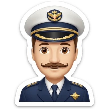 A light-skinned man with brown eyes and another mustache, smiling while wearing a white captain’s hat with a navy emblem. sticker