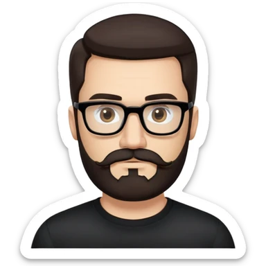 Caucasian male, long-length hair straight dark brown hair combed back, thick dark eyebrows, rectangular black eyeglasses, full beard and mustache neatly groomed, neutral facial expression, wearing a black crew neck shirt. sticker