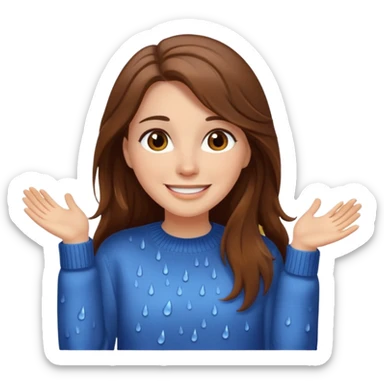 white woman with long brown hair and brown eyes, wearing a sweater, enjoying the rain sticker