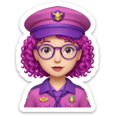 scout girl with very pink scout uniform including hat, purple curly haired and glassess sticker