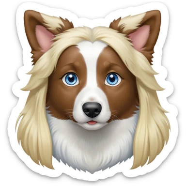 pale girl with blue eyes and long blonde hair and black white Australian shepherd with perked up ears sticker