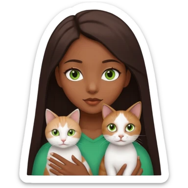 black girl with brown eyes with straight long dark brown hair with a side part holding a female white cat with green eyes sticker