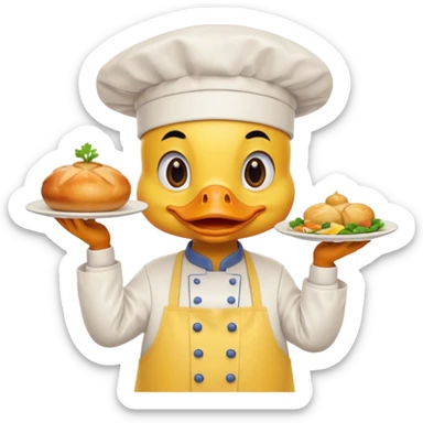A duck in chef hat presenting a plate of fancy cuisine proudly wearing yellow apron sticker