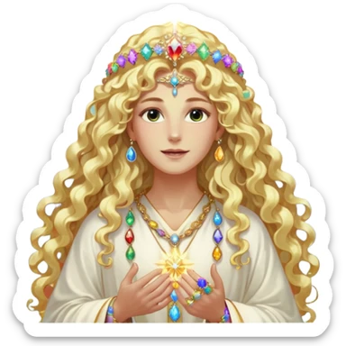 a being made of light pleidian nordic long faces and curly huge thick blond hair but beautiful features of light wearing jewels and a rainbow halo like a saint arount her a robe on made of light and gem  transparent belly dancer and who is lanky holding a bouquet of crystal flowers on rainbow fire sticker