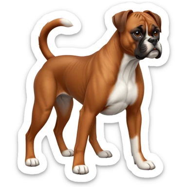 cinematic-[boxer dog]-realistic-full-body-sitting-emoji,-tail-resting-loosely-beside-its-paws,-head-tilted-dramatically,-sleek-[brown]-fur,-simplified-yet-realistic-focused-features,-highly-detailed,-glowing-with-an-almost-sarcastic-glow sticker