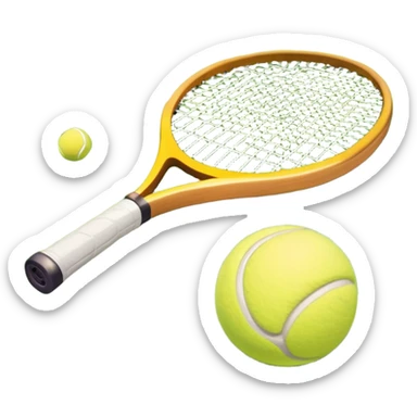 A tennis racket and ball placed on the grass court, with the lines of the court clearly visible in the background. The scene captures the essence of the sport, highlighting the equipment and the vibrant, open atmosphere of a tennis match sticker