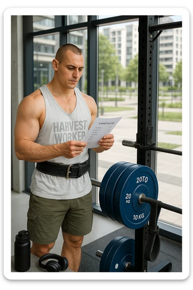 un uomo prepara con cura il suo set di pesi e la cintura per streetlifting, controllando una lista di esercizi e ripetizioni scritta su un foglio. Accanto a lui, una borraccia e delle cuffie. L’espressione è serena e sicura, a sottolineare l’importanza della programmazione per un allenamento efficace. Lo sfondo è un’area fitness urbana, pulita e ben attrezzata. sticker