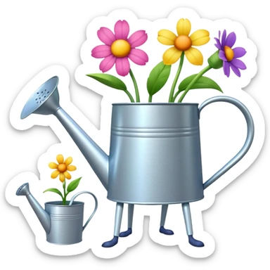 give me a watering can with legs. anthropomorphise the can. have the can watering 3 plants on the grown (flowers) sticker