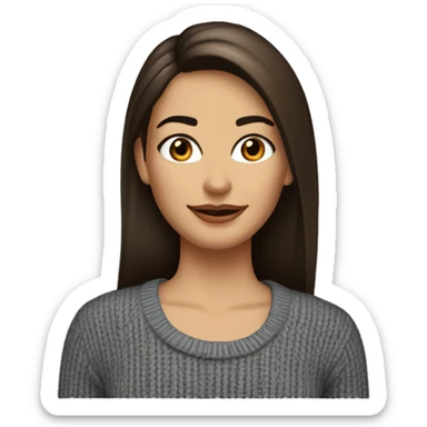 dark haired woman with highlights and long hair, brown eyes, nose same with from top to bottom. Thick eyebrows, brown kind eyes, high cheekbones and medium sized mouth with straight white teeth. Slim figure wearing a knit sweater, earrings and jeans sticker