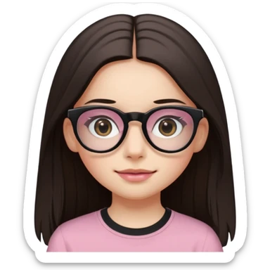 Girl with dark straight long hair, divided in the middle hairstyle. White skin, black eyes, wearing black shirt and tortoise framed glasses. The mounth is light old pink, with light smile with no teeth. sticker