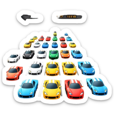 grandstands filled with cheering crowds, checkered flags waving, and traffic lights signaling the start, with a thrilling atmosphere of anticipation and speed. Sporty cars and motorcycles lined up at the starting line, ready to race, with a vibrant racetrack in the background. sticker