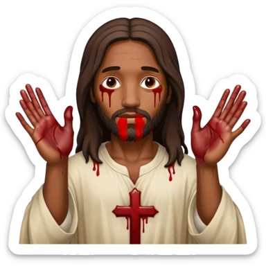 African American Jesus Christ with nail holes in his hands with blood sticker