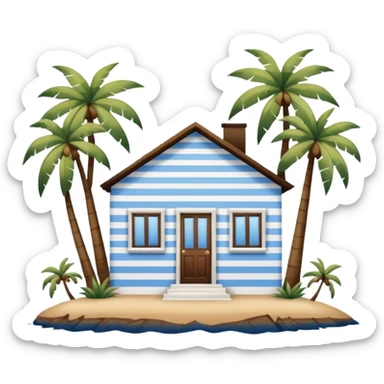 A full square white and blue stripe house horizontally with brown wooden door on a island with palm trees  sticker