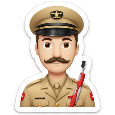 Man in beige army uniform red armband and black toothbrush style moustache  sticker