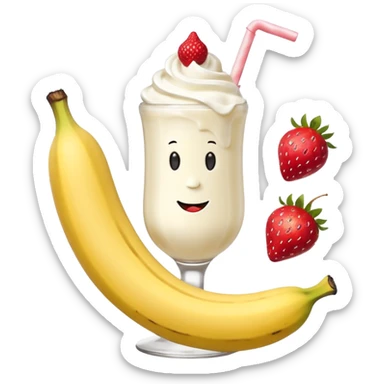 Milkshake vanilla with a banana sticking out of the milk shake it and two strawberries on both sides of the banana at the very tip of the banana, whipped cream and a smiley face one big banana coming out of milk shake sticker