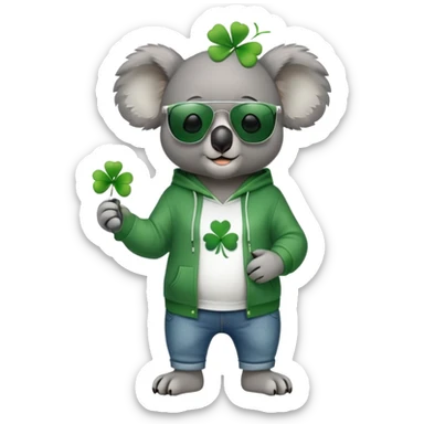 anthropomorphised koala, full body, wearing a hoodie and jeans, dark sunglasses, headphones, dressed for St. Patrick's Day, different pose sticker