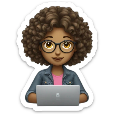 Girl wearing a spec with curly hair working on a laptop  sticker