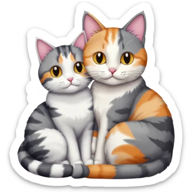 two cats in love, a colourful light patched calico + white tabby cat cuddling a bigger cat that is dark grey and white tabby cat sticker
