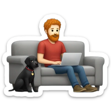 a man with a red beard sits working on a laptop on the sofa with a black Labrador sticker