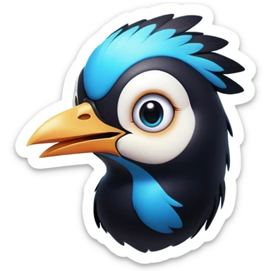 Cinematic Comical Magpie Portrait Emoji, Head tilted dramatically with an exaggeratedly shocked expression, featuring a vibrant, glossy form with wide, comically expressive eyes full of playful disbelief and a subtly animated beak, Simplified yet hilariously expressive features, highly detailed, glowing with a slightly sassy urban glow, high shine, dramatic yet playful, stylized with an air of cheeky mischief, soft glowing outline, capturing the essence of a meme-worthy magpie that looks ready to side-eye its way into viral fame! sticker