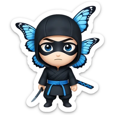 Crea un emoji para usar en WhatsApp con estos dos emoji 🥷🏻🦋.
Ninja vestido de negro con la piel blanca y una mariposa azul posada en su hombro izquierdo como si estuviera volando. sticker