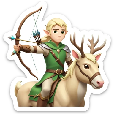 clash-of-clans-aesthetic-blond-male elf-archer-portrait-emoji, rendered in a flat, vector-style with minimal shading and bold, simplified shapes, head tilted slightly forward with a determined, focused expression, riding a majestic white stag whose antlers glow with mystical energy, set against an ancient, enchanted forest backdrop. sticker
