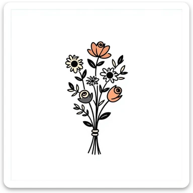 a hand-tied bouquet of assorted flowers with stems and leaves, pastel colors dd9fb0, ffc6d3, a3bfc9, c4bee2, f1b091, detailed hand-drawn doodle style sticker