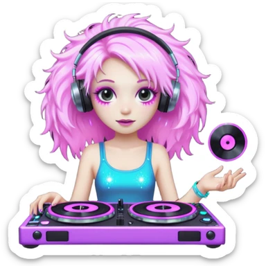  hard-techno-rave-fairy,-holding-a-dj-turntable,-wild-hair,-neon-sparkles,-minimal-background sticker