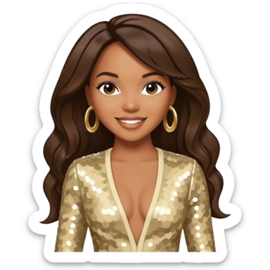 LeToya Luckett from Destiny's Child with long dark brown hair, cream sequin outfit sticker