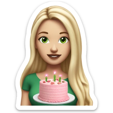 Realistic White girl with Long straight blonde hair, green eyes, tattoos, full body wearing dress and High heels, holding pink birthday cake sticker