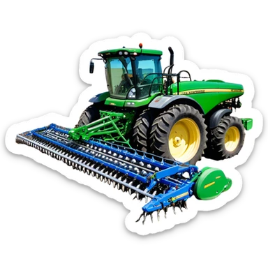 Bourgault 3420 Paralink Hoe Drill (2022) – Cinematic-realistic John Deere 6155M tractor hauling a Bourgault 3420 Paralink Hoe Drill, its powerful green frame pulling the vast blue seeder across endless fields. The machine plants seeds with pinpoint accuracy, leaving precise rows in the rich brown soil,  sticker