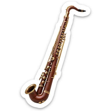 Create a detailed and elegant emoji representing a professional bassoon Oscar Adler. The design should showcase the long, slender wooden body of the bassoon with its distinct curves and metal fittings. Highlight the keywork and metal rings around the joints, with subtle light reflections on the wood to give it a polished appearance. The top of the bassoon should have the characteristic metal bell, and the reed should be clearly visible at the mouthpiece. Use warm wood tones like deep brown and mahogany for the body, with silver or brass accents for the metal parts. Add soft musical notes or soundwaves around the instrument to evoke its rich, deep sound. The background should be transparent. sticker