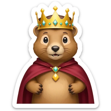 Groundhog wearing crown with a maroon cape with KPM in gold on the cape sticker