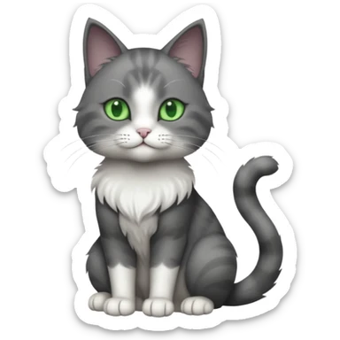 full body view of beautiful female solid dark grey cat with green eyes, grey face, white toes and white patch on chest sticker