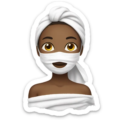 A girl with a towel over her hair and a white towel on her body and a face mask on her sticker
