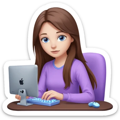 beautiful girl with long brown hair, blue eyes and wearing light purple clothes playing pc games sticker
