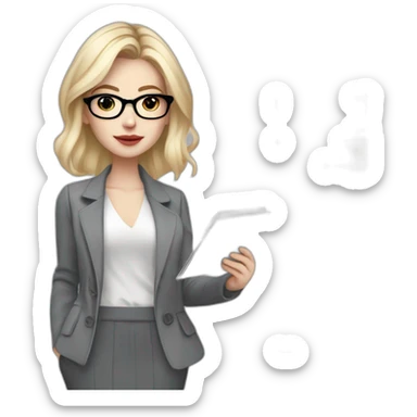 full height pale skin woman with cold blonde hair, Cara haircut, White blouse, Gray oversize jacket, Gray skirt and metal glasses holding a color palette in the hands of a color palette sticker