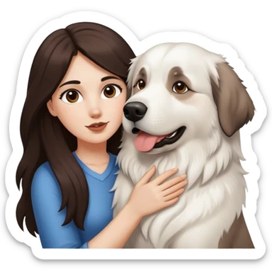 White girl with long dark brown hair holding Great Pyrenees  sticker