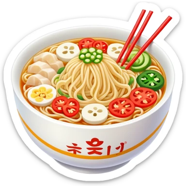 Shaanxi cold skin noodles with colorful toppings, simplified emoji style with bold outlines and bright colors, cartoon style Xi'an famous cold appetizer sticker