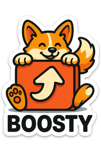 Boosty logo icon with a cute corgi's paws and tail peeking from behind the logo, or the corgi itself playfully interacting with the logo, colorful, simple, no gradients, bold clear outlines, expressive shadows and highlights to create volume, plump vector-like style with strong sense of 3D form sticker