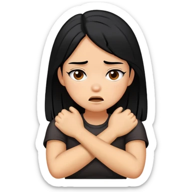 a Carmel tone girl with black hair crossed arms choking her self with a sarcastic face sticker