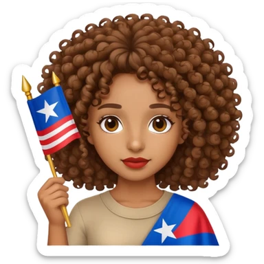 Brown girl with curly hair holding a Puerto Rican flag sticker