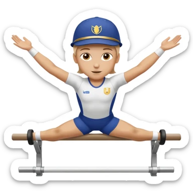 white athlete in uniform on the parallel bars wearing a cap sticker